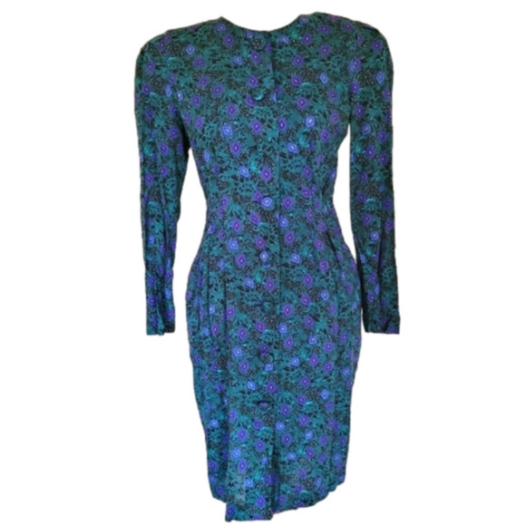 Vintage Dresses & Skirts - VINTAGE 80s Teal Long Sleeve Button Down Pleat Dress Size 6